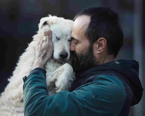 Un homme barbu enlace tendrement un chien blanc aux yeux fermés. Un moment de pur candilat chien.