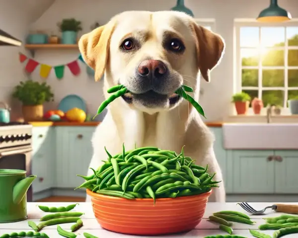 Un chien labrador tient des haricots verts dans sa gueule, devant un bol rempli de haricots verts.