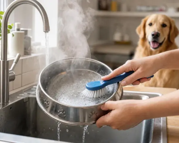 Nettoyage d'une gamelle d'eau de voyage pour chien, sous un robinet d'eau chaude. Un Golden Retriever attend patiemment.