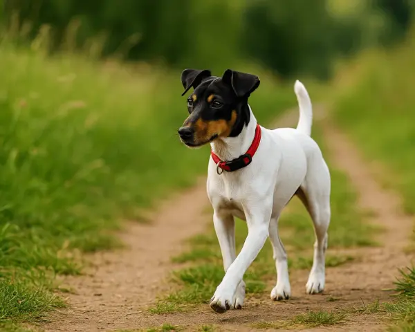 Un petit chien blanc et noir, portant un collier rouge, se promène sur un sentier. Il semble explorer son environnement, peut-être en attendant de retrouver sa crèche pour chien.