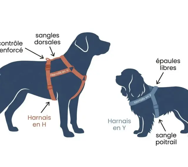 Illustration comparant quel harnais pour chien convient le mieux : un harnais en H pour un contrôle renforcé et un harnais en Y pour des épaules libres.