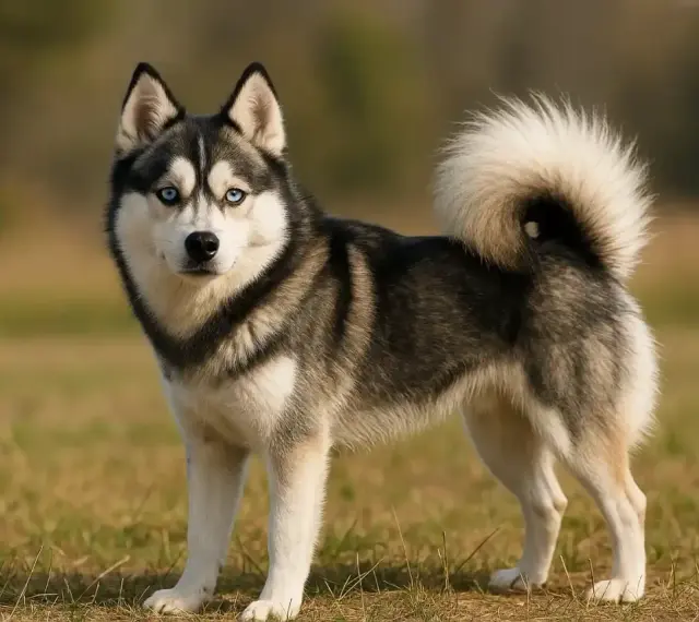Un Pomsky aux yeux bleus perçants, le poil épais et la queue en panache, incarne le caractère joueur et curieux de sa race.