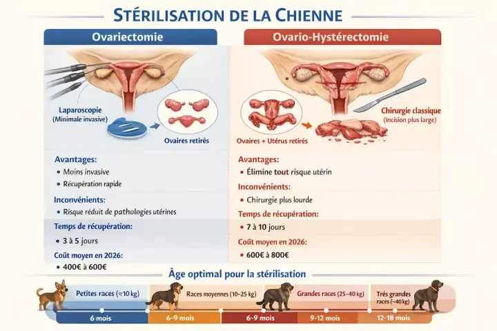 Comparaison des méthodes de stérilisation canine : ovariectomie et ovario-hystérectomie. Illustration des procédures, avantages, inconvénients et âge idéal pour la reproduction.