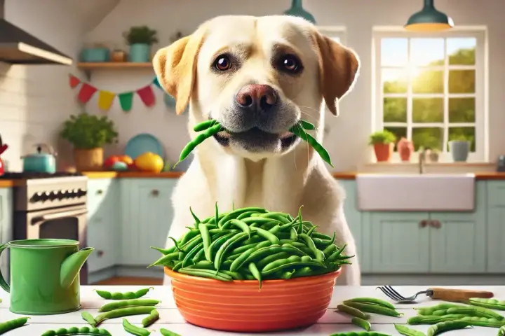 Un chien labrador tient des haricots verts dans sa gueule, devant un bol rempli de haricots verts.