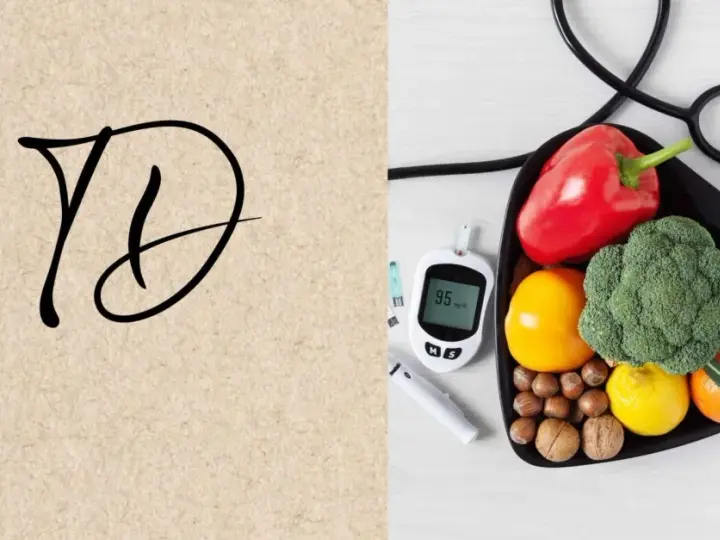 Légumes et fruits sains pour un chien diabétique : brocoli, poivron, pomme, mandarine. Glucomètre et stéthoscope à proximité.