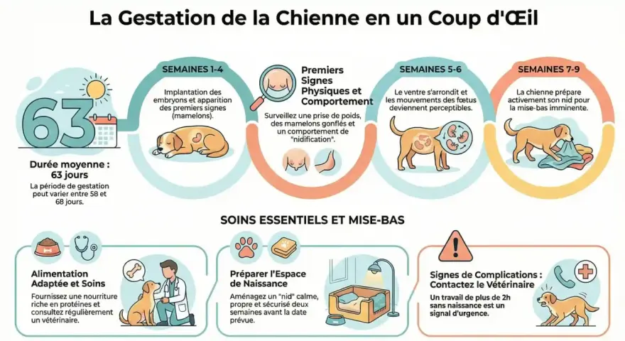 La gestation chien dure 63 jours en moyenne. L'image détaille les étapes, les signes physiques et les soins essentiels pour la chienne gestante.