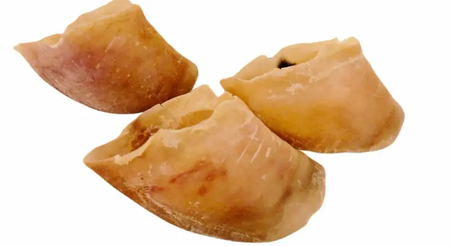 Trois sabots de veau séchés, un danger potentiel pour les chiens s'ils ne sont pas surveillés.