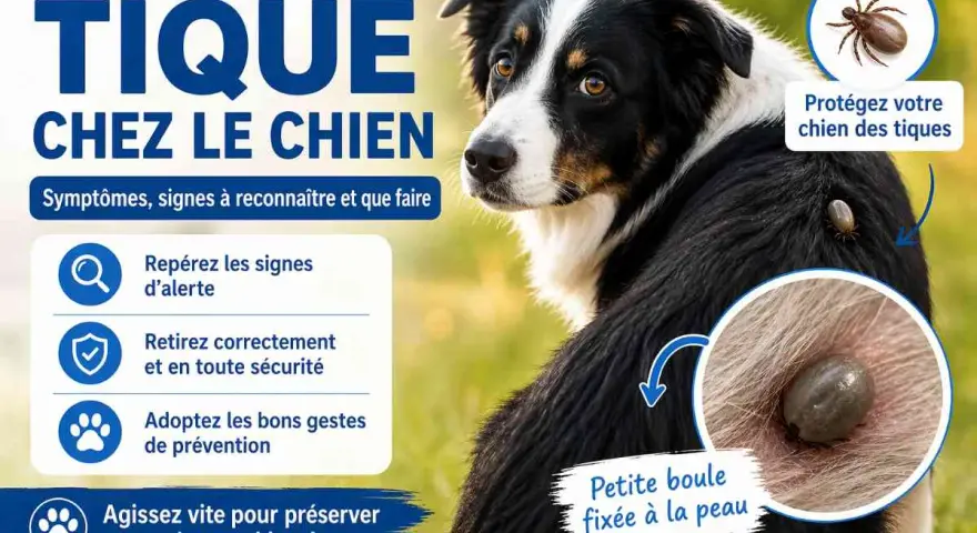 Un chien avec une mini tique fixée à sa peau. L'image explique comment reconnaître et retirer les tiques pour protéger votre animal.