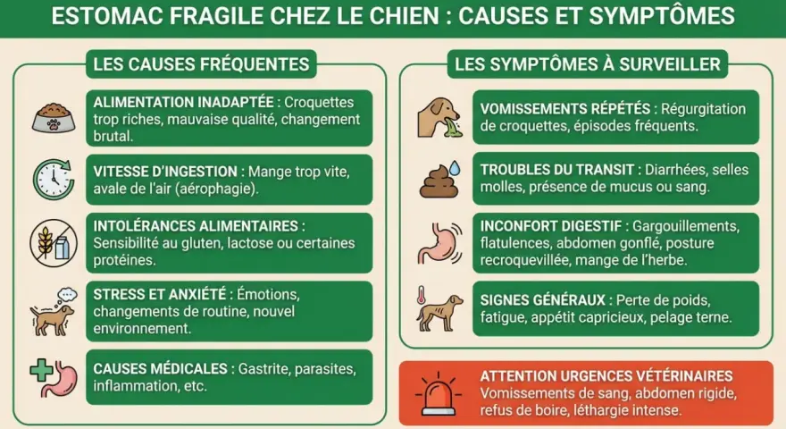 Infographie sur l'estomac fragile du chien : causes (alimentation, stress, etc.) et symptômes (vomissements, troubles du transit). Attention aux urgences vétérinaires.