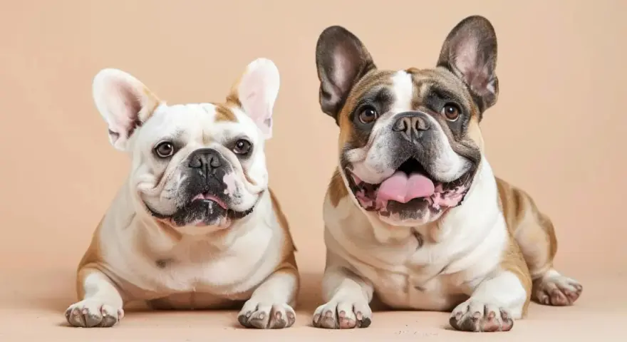Deux adorables chiens brachycéphales, un blanc et fauve, l'autre tricolore, posent ensemble, leurs grandes oreilles dressées et leurs visages expressifs.