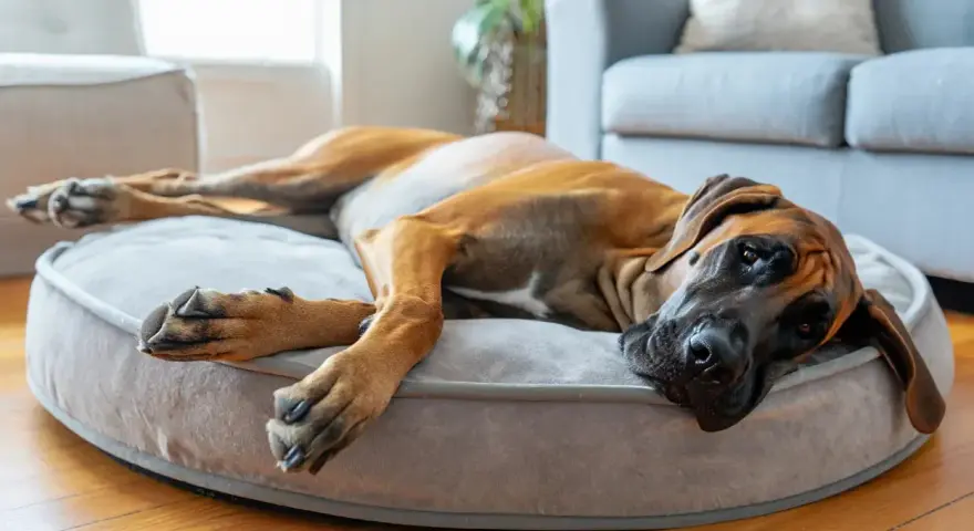 Un grand chien brun se repose sur un panier moelleux. La taille du panier est parfaite pour qu'il s'étire confortablement.