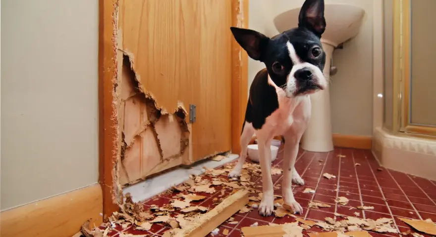 Un chien destructeur que faire ? Ce Boston Terrier a visiblement fait des siennes, laissant une porte éventrée et des débris partout.