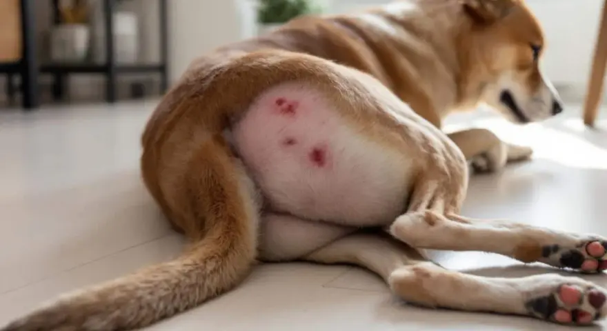 Une chienne se repose, montrant des rougeurs sur son flanc. La chaleur semble l'incommoder.