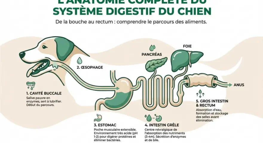 Schéma du système digestif du chien, de la cavité buccale à l'anus, expliquant le parcours des aliments. Comprend l'estomac, l'intestin grêle, le foie, le pancréas et le gros intestin.