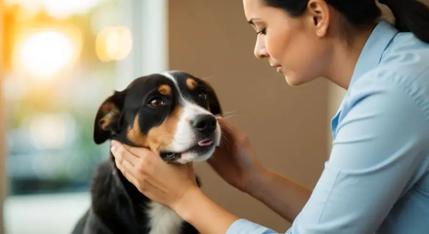 Une femme caresse un chien qui couine doucement, le soleil brille en arrière-plan.