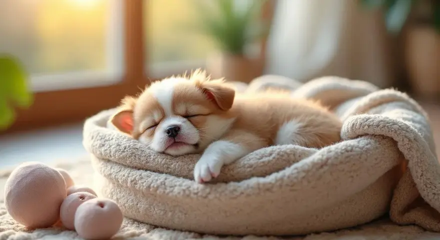 Un adorable chiot de 2 mois profite d'un profond temps sommeil, blotti dans son panier douillet, bercé par la lumière du soleil.