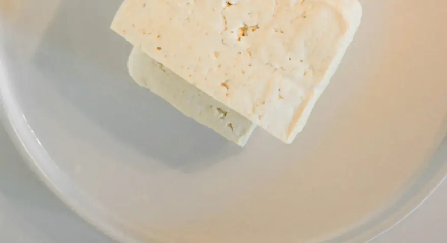 Deux blocs de feta sur une assiette grise. Un chien pourrait adorer ce fromage, mais il est destiné à une salade.