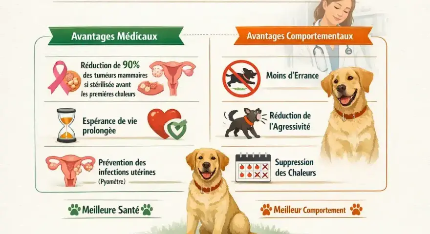 Les bienfaits de la stérilisation chien : réduction des tumeurs, espérance de vie prolongée, moins d'errance et d'agressivité.