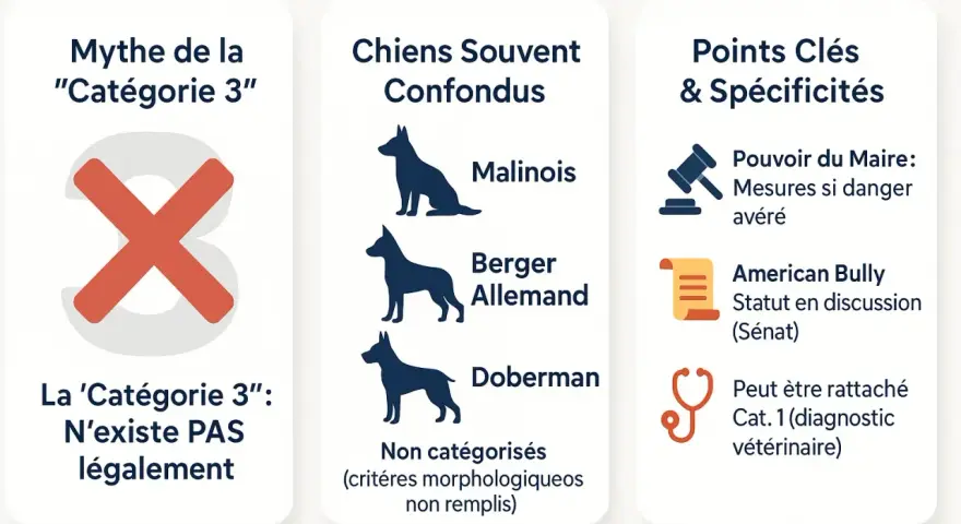 Le malinois, souvent confondu, n'est pas légalement en "Catégorie 3". L'image clarifie les mythes et les spécificités.