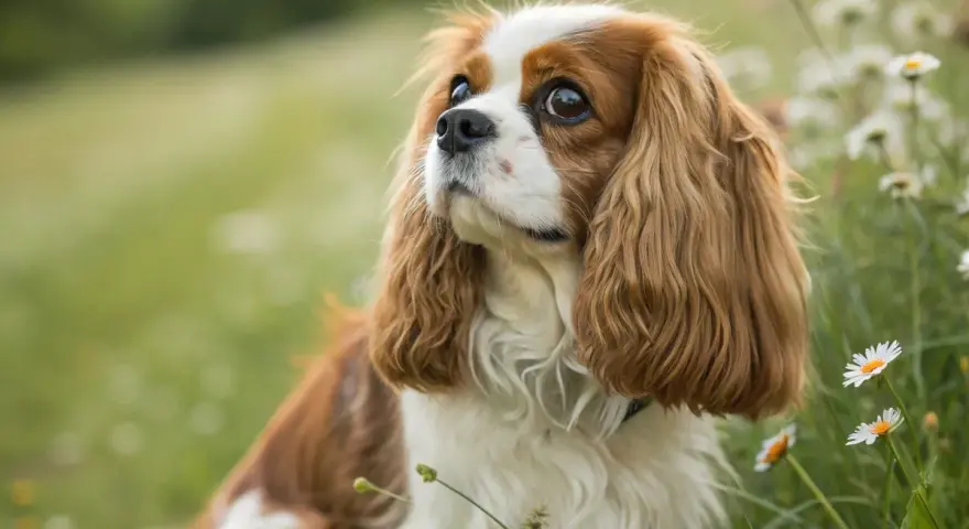 Un adorable chien longue oreille, au pelage brun et blanc, est assis dans un champ de marguerites, le regard plein de douceur.