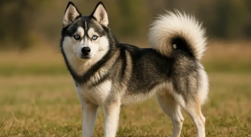 Un Pomsky aux yeux bleus perçants, le poil épais et la queue en panache, incarne le caractère joueur et curieux de sa race.