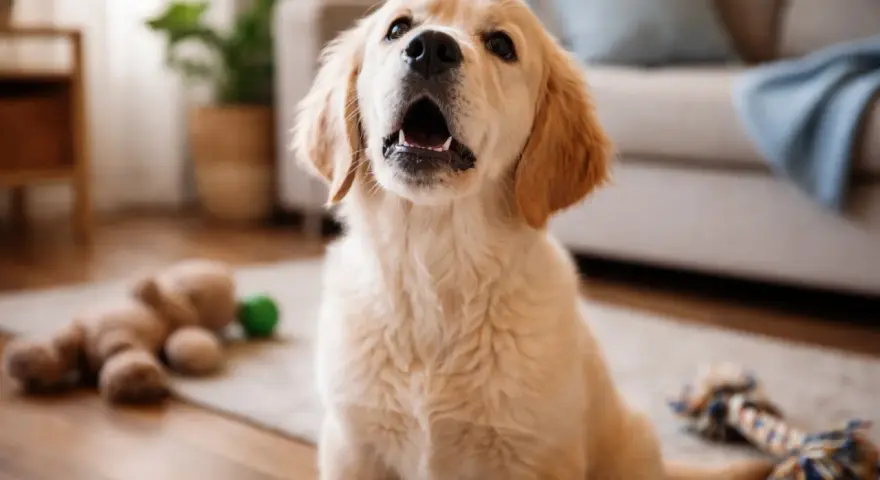 Un adorable chiot golden retriever, avec sa gueule ouverte, semble faire un petit bruit de chiot. Des jouets sont éparpillés autour de lui.