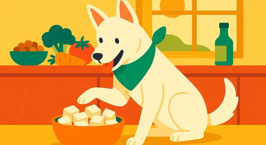 Un chien blanc avec un foulard vert prend un cube de yaourt de soja dans un bol. Des légumes sont sur le comptoir.