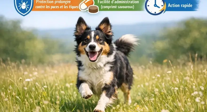Un berger australien joyeux court dans un champ fleuri, protégé par Bravecto.