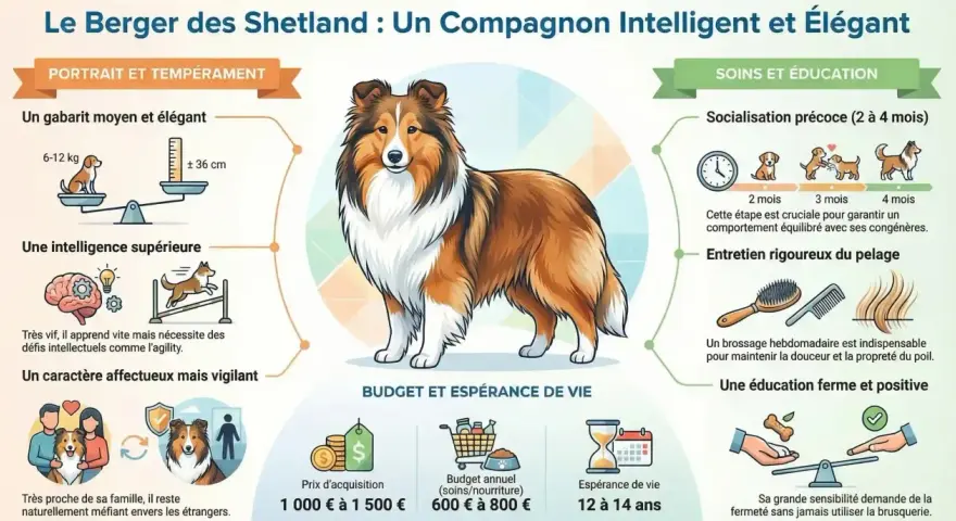 Le berger des Shetland, un chien intelligent et élégant, est présenté avec ses caractéristiques, son éducation et son entretien.