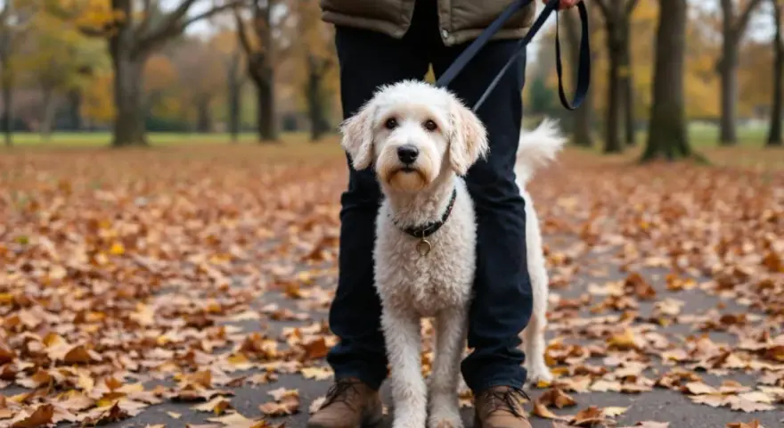 Un chien blanc et doux profite d'une promenade dans un parc automnal, entouré de feuilles tombées.