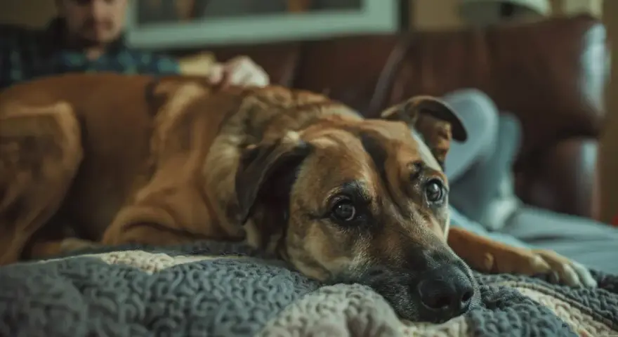 Un chien brun repose sur une couverture, l'air triste. Son maître est derrière lui. Mon chien à perdu son compagnon que faire ?