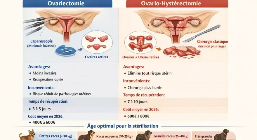 Comparaison des méthodes de stérilisation canine : ovariectomie et ovario-hystérectomie. Illustration des procédures, avantages, inconvénients et âge idéal pour la reproduction.