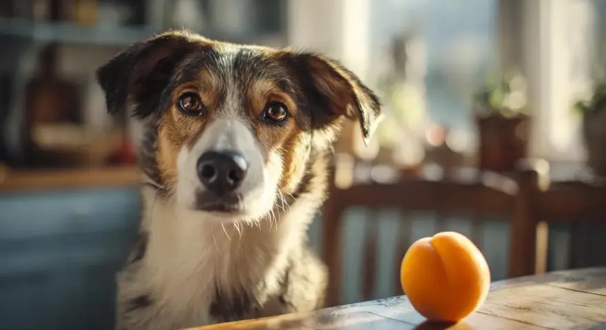 Un chien regarde un abricot sur une table en bois, attendant peut-être une friandise.