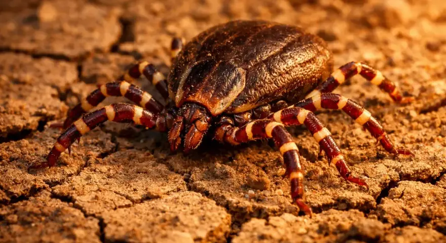 Gros plan sur une tique géante aux pattes rayées, rampant sur un sol craquelé et sec.
