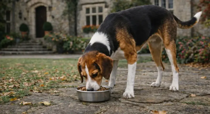 Chien tricolore savoure sa gamelle, peut-être enrichie de graisse de canard pour chien, devant un manoir.