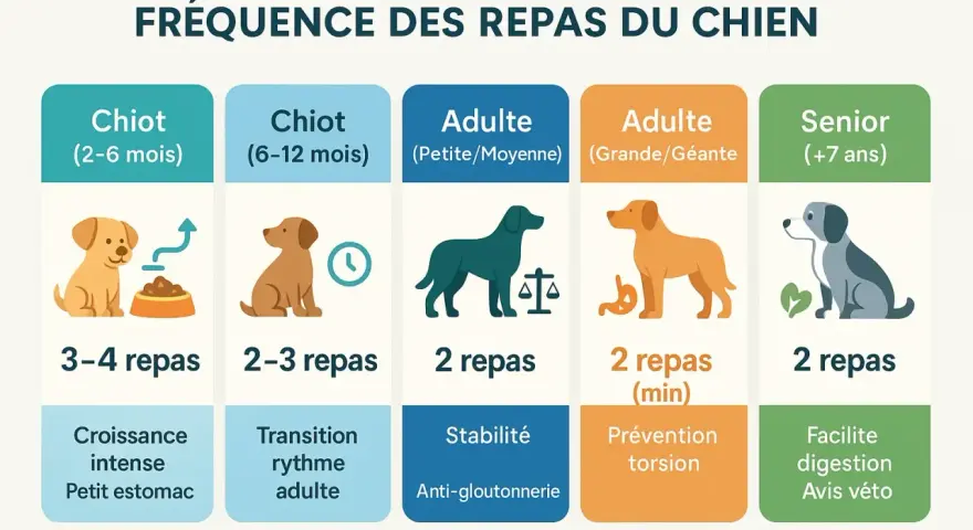 Le tableau indique combien de fois sortir un chien selon son âge et sa taille : 3-4 repas pour les chiots, 2-3 pour les plus grands, et 2 pour les adultes et seniors.