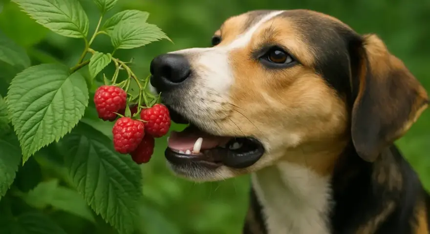 Un chien curieux goûte une framboise fraîchement cueillie sur une branche verte.