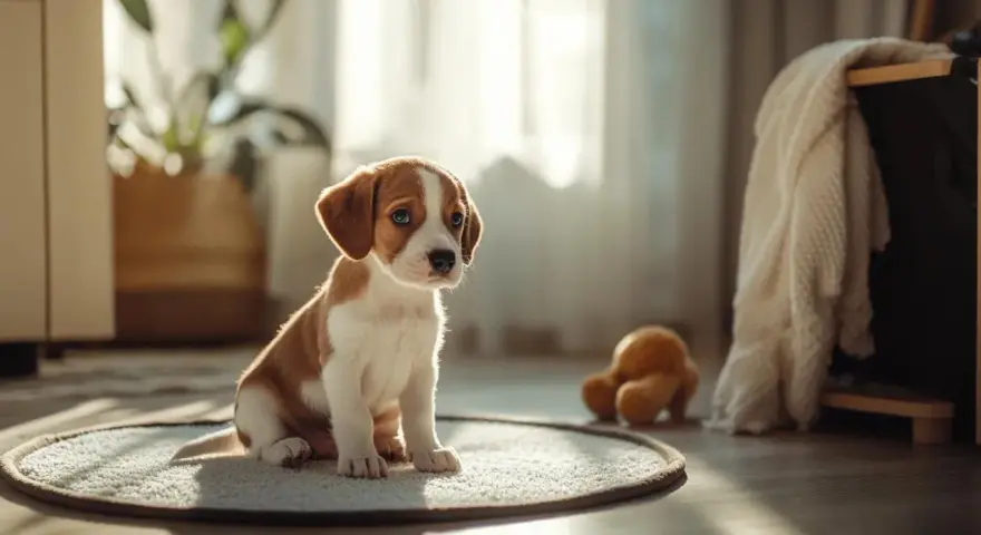 Un chiot adorable assis sur un tapis, se demandant à quel âge un chien est propre.
