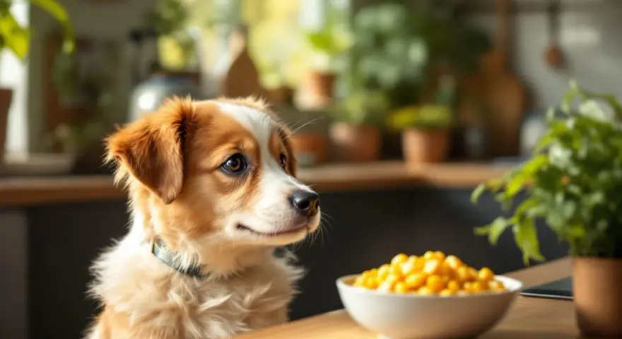 Un adorable chiot aux poils roux et blancs regarde avec envie un bol de maïs. Ce cher mais chien attend patiemment sa friandise.