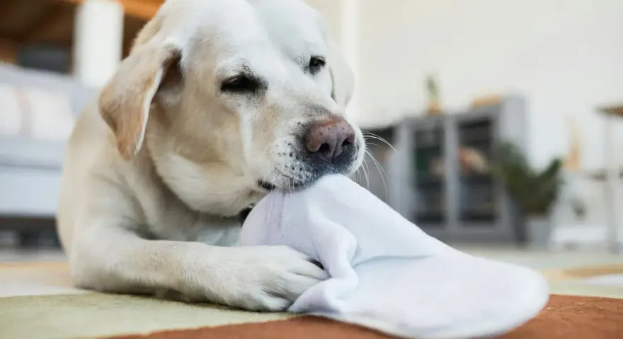 Un labrador blanc mordille une chaussette blanche, peut-être un signe de syndrome de pica.