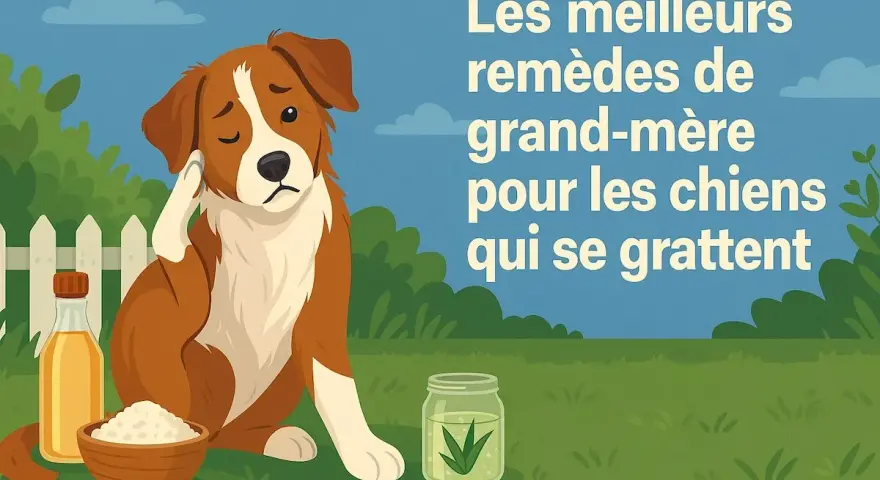Un chien se gratte l'oreille, l'air contrarié. À côté, une bouteille d'huile, un bol de poudre et un bocal avec des herbes. Les meilleurs remèdes de grand-mère pour les chiens qui se grattent.