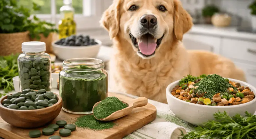 Un golden retriever heureux regarde des bols de nourriture pour chien, des comprimés et de la poudre de spiruline, suggérant une alimentation saine pour votre chien.