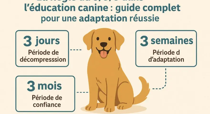 Un chien heureux illustre la règle du 3/3/3 pour l'éducation canine : 3 jours de décompression, 3 semaines d'adaptation, 3 mois de confiance.
