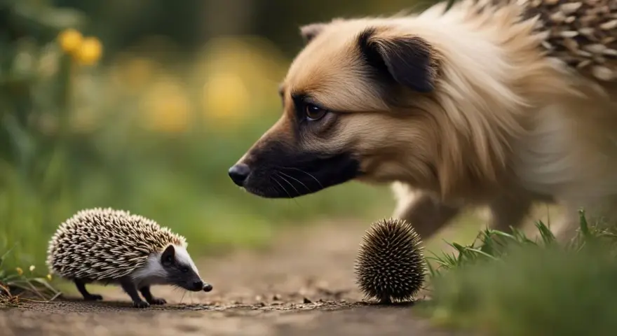 Un chien curieux observe un hérisson sur un chemin. Le hérisson, petit et épineux, semble intrigué par le grand canidé.