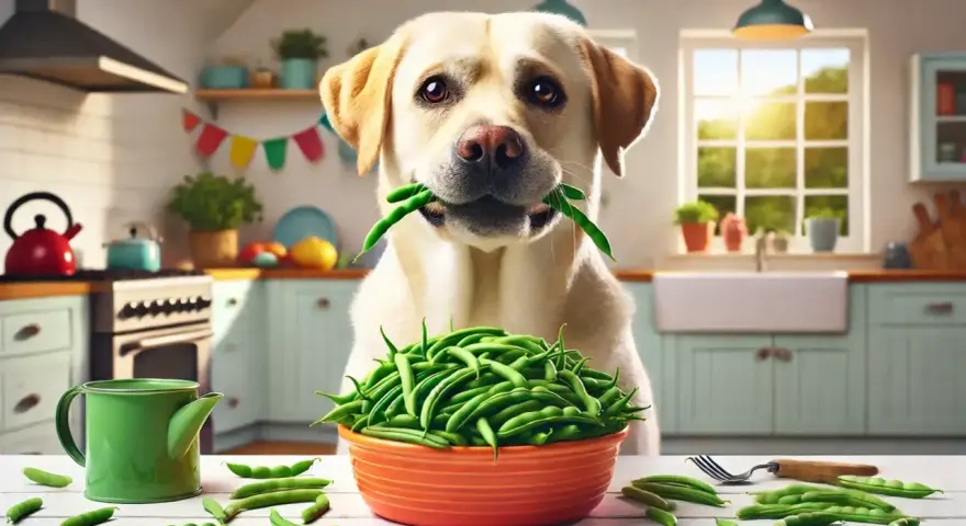 Un chien labrador tient des haricots verts dans sa gueule, devant un bol rempli de haricots verts.