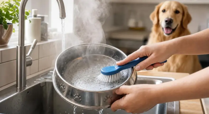 Nettoyage d'une gamelle d'eau de voyage pour chien, sous un robinet d'eau chaude. Un Golden Retriever attend patiemment.