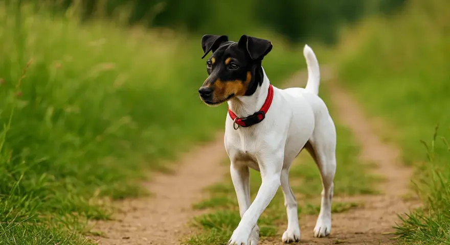 Un petit chien blanc et noir, portant un collier rouge, se promène sur un sentier. Il semble explorer son environnement, peut-être en attendant de retrouver sa crèche pour chien.