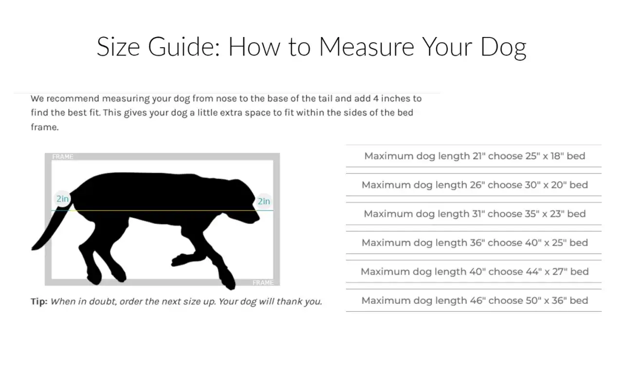 Guide de taille pour choisir le bon panier. Mesurez votre chien du museau &agrave; la queue et ajoutez 4 pouces pour un ajustement parfait.