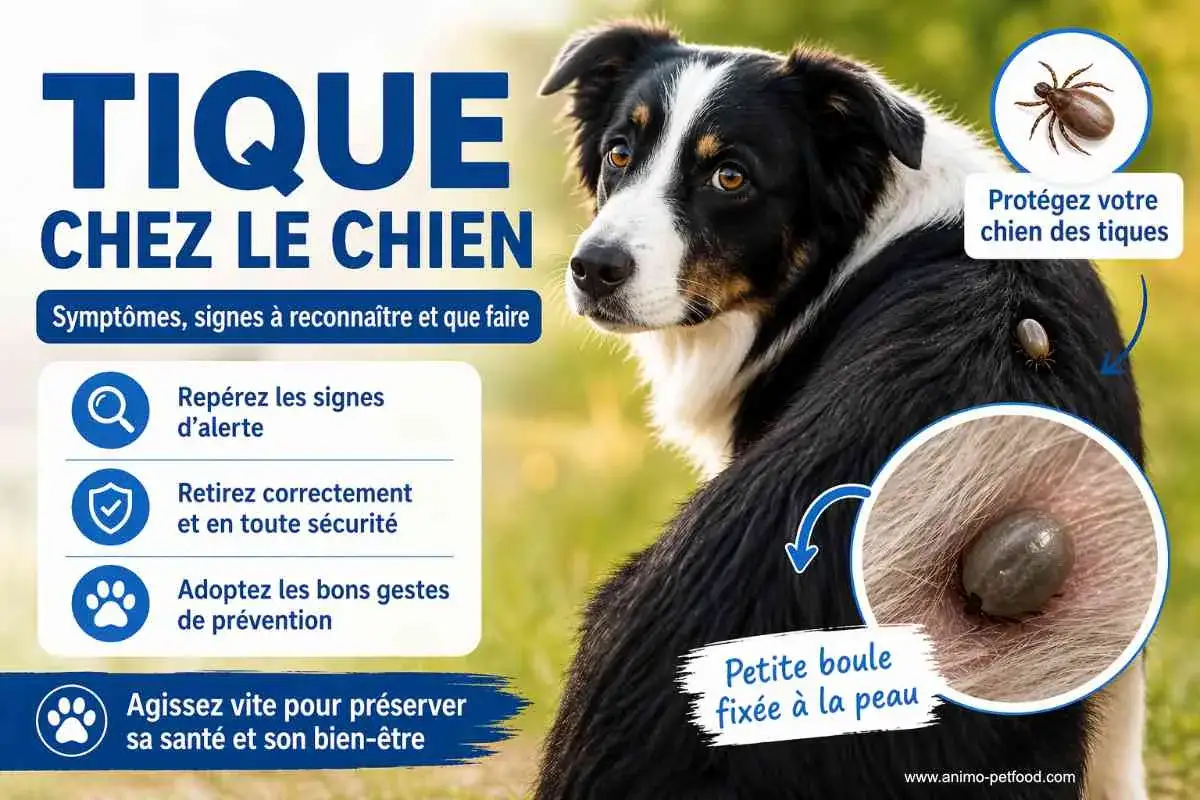 Un chien avec une mini tique fix&eacute;e &agrave; sa peau. L'image explique comment reconna&icirc;tre et retirer les tiques pour prot&eacute;ger votre animal.