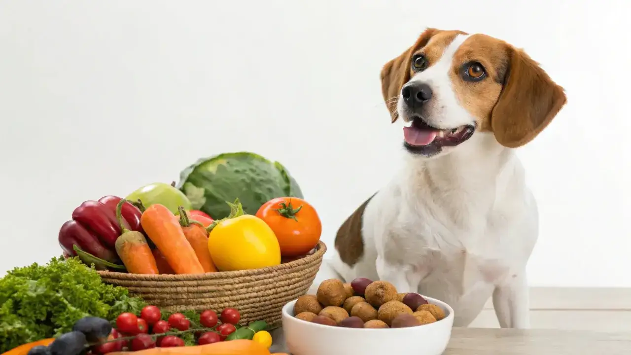 Un chien regarde des l&eacute;gumes frais, se demandant quels l&eacute;gumes pour un chien diab&eacute;tique sont les meilleurs. Carottes, poivrons, tomates, chou, laitue.